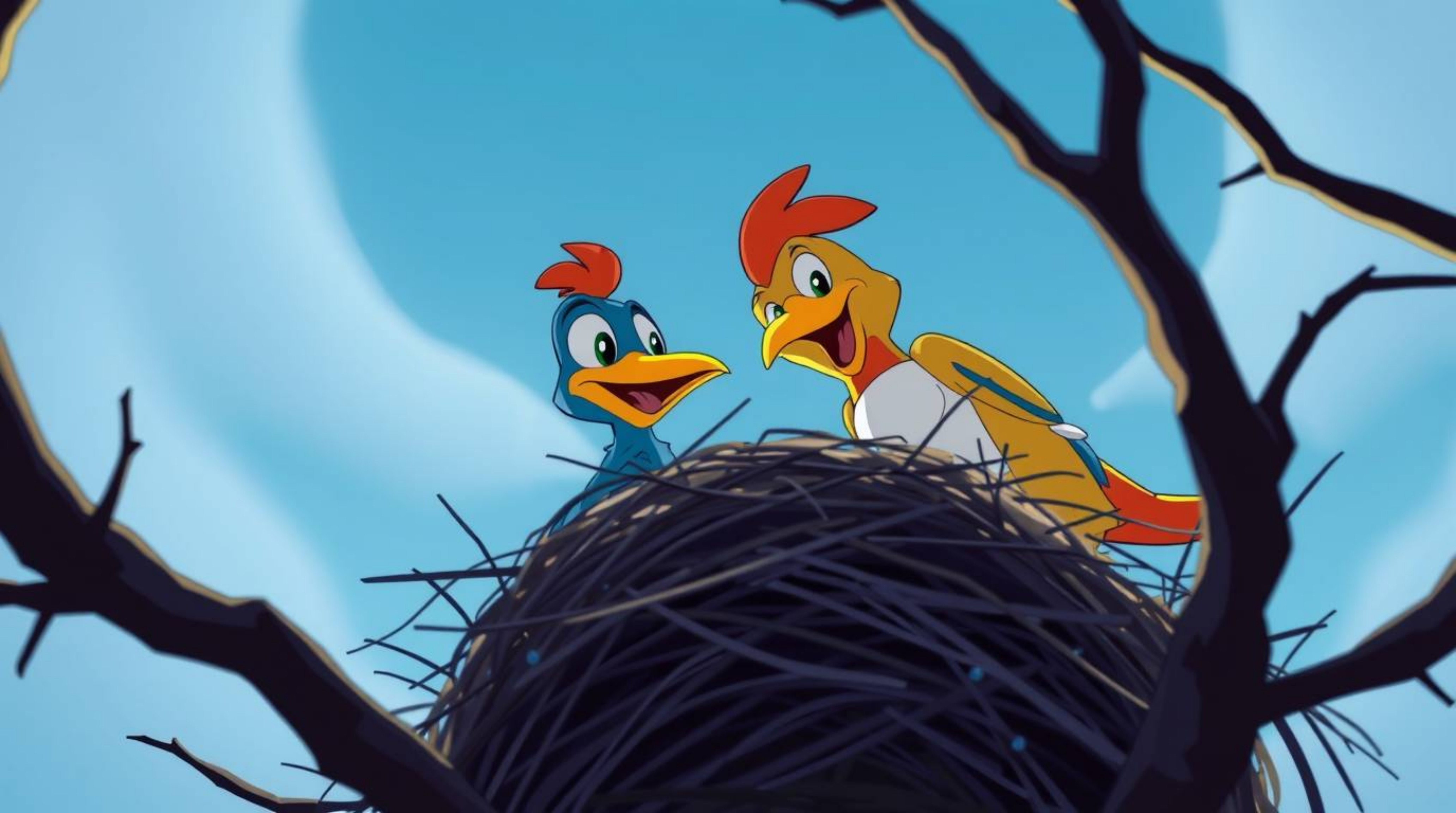 A dynamic low-angle perspective showcases two cartoon birds diligently constructing a nest in a vibrant, classic animation st