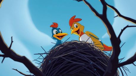 A dynamic low-angle perspective showcases two cartoon birds diligently constructing a nest in a vibrant, classic animation st