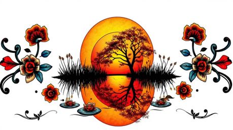 A stunning traditional tattoo art print showcasing a silhouetted pond reflecting a vibrant sunset.  The piece features comple