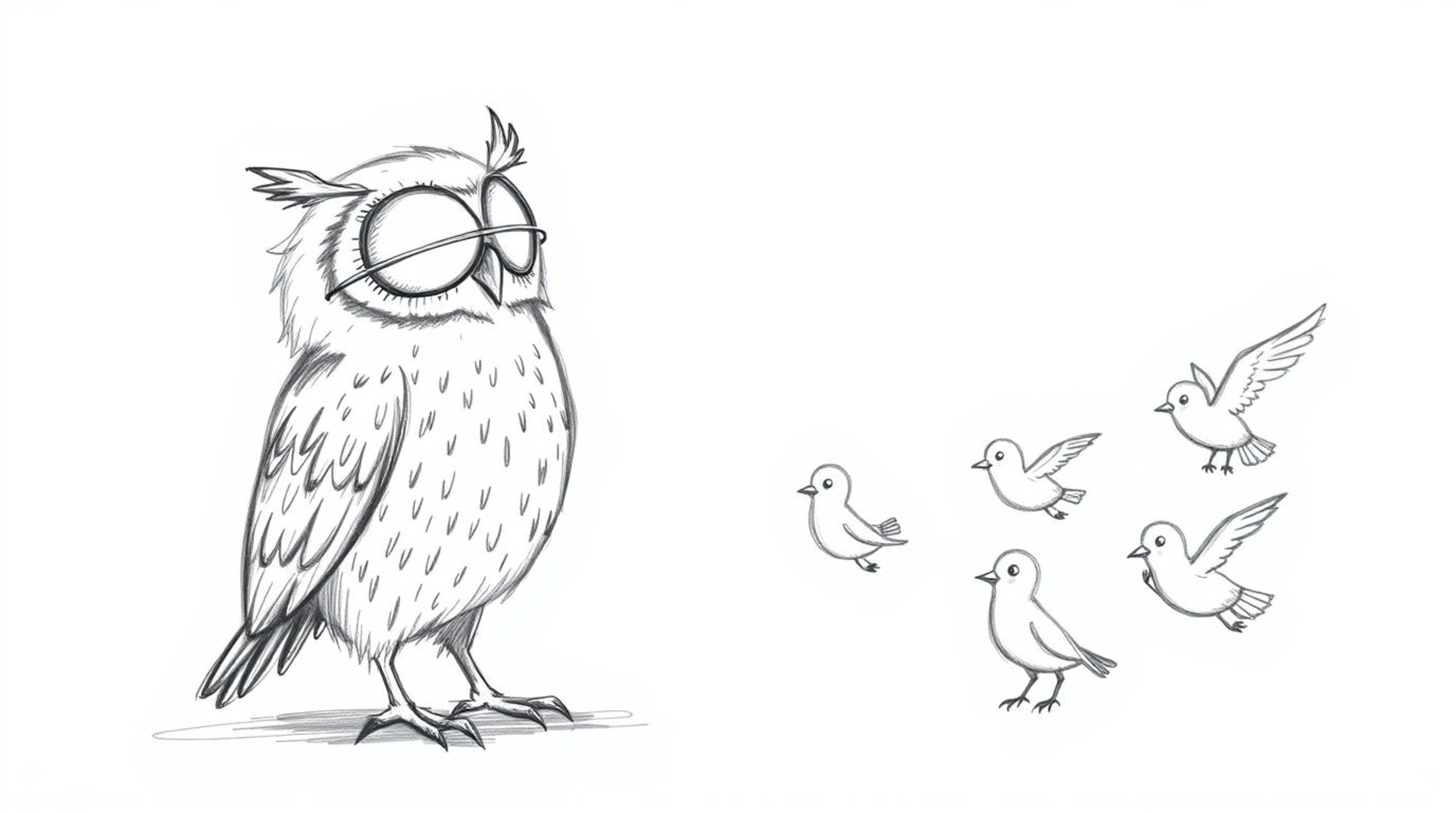 A charming hand-drawn sketch depicts a blind owl, rendered in a rough, textured style reminiscent of Pixar animation, patient