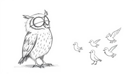 A charming hand-drawn sketch depicts a blind owl, rendered in a rough, textured style reminiscent of Pixar animation, patient