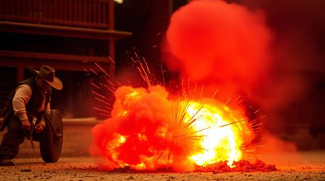 A professional photograph captures a classic Wild West TNT explosion gag.  The image is styled in the manner of Associated Pr