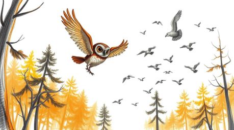 A heartwarming hand-drawn illustration in the style of Pixar depicts a blind owl with unique feather patterns guiding a flock