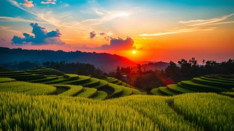 Experience the vibrant beauty of a sunset over lush green rice terraces.  Witness bright colors and energetic compositions as