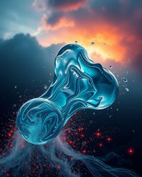 Explore mesmerizing 3D art featuring glassy fluid shapes in constant motion, surrounded by a captivating display of glowing p