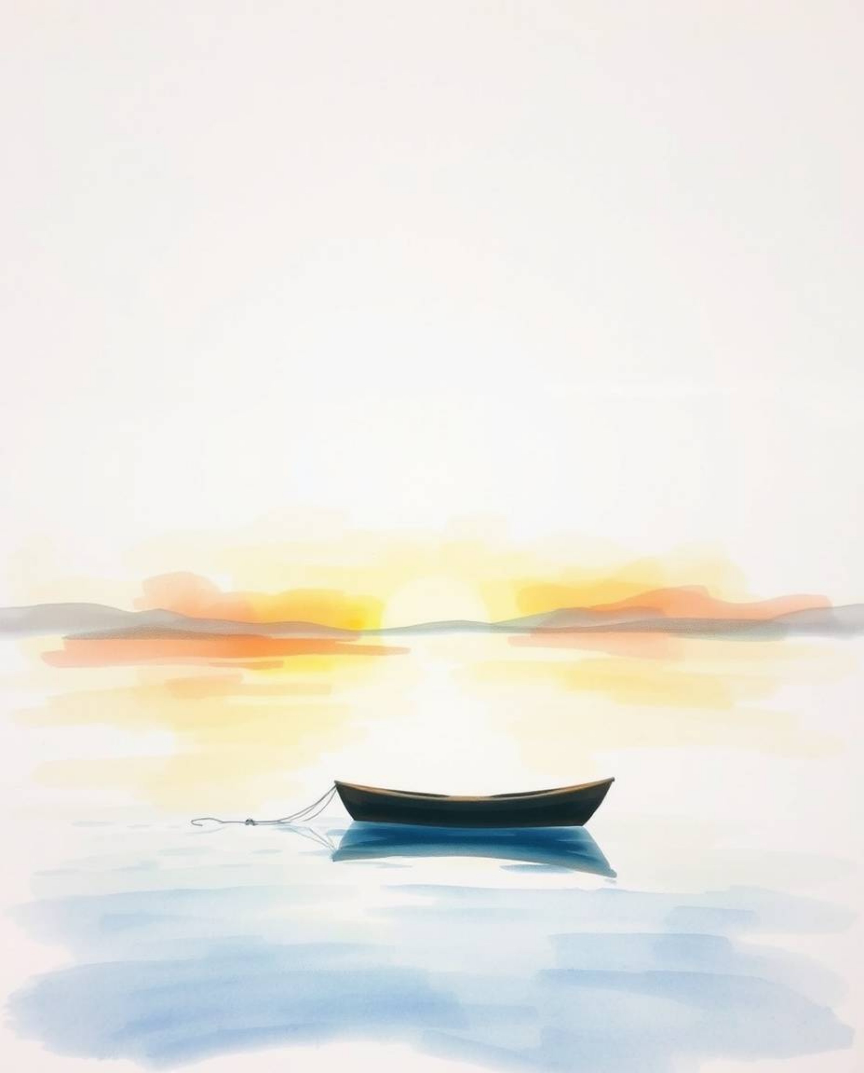 A delicate watercolor painting depicts a boat drifting on a lake at sunset. The artist uses translucent washes and fluid brus