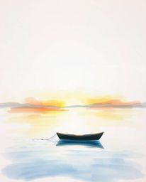 A delicate watercolor painting depicts a boat drifting on a lake at sunset. The artist uses translucent washes and fluid brus