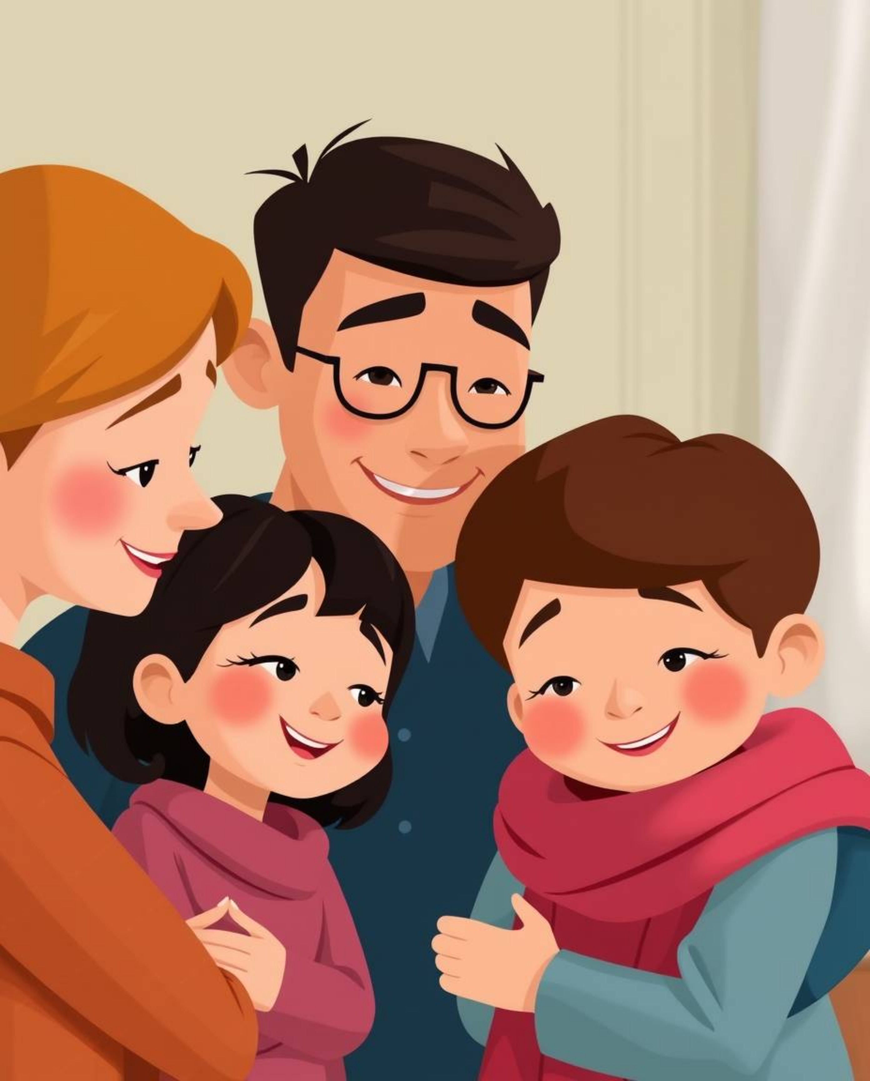 Experience a heartwarming family reunion depicted in a tight close-up shot, rendered in a modern, flat design reminiscent of 