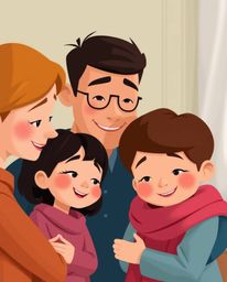 Experience a heartwarming family reunion depicted in a tight close-up shot, rendered in a modern, flat design reminiscent of 