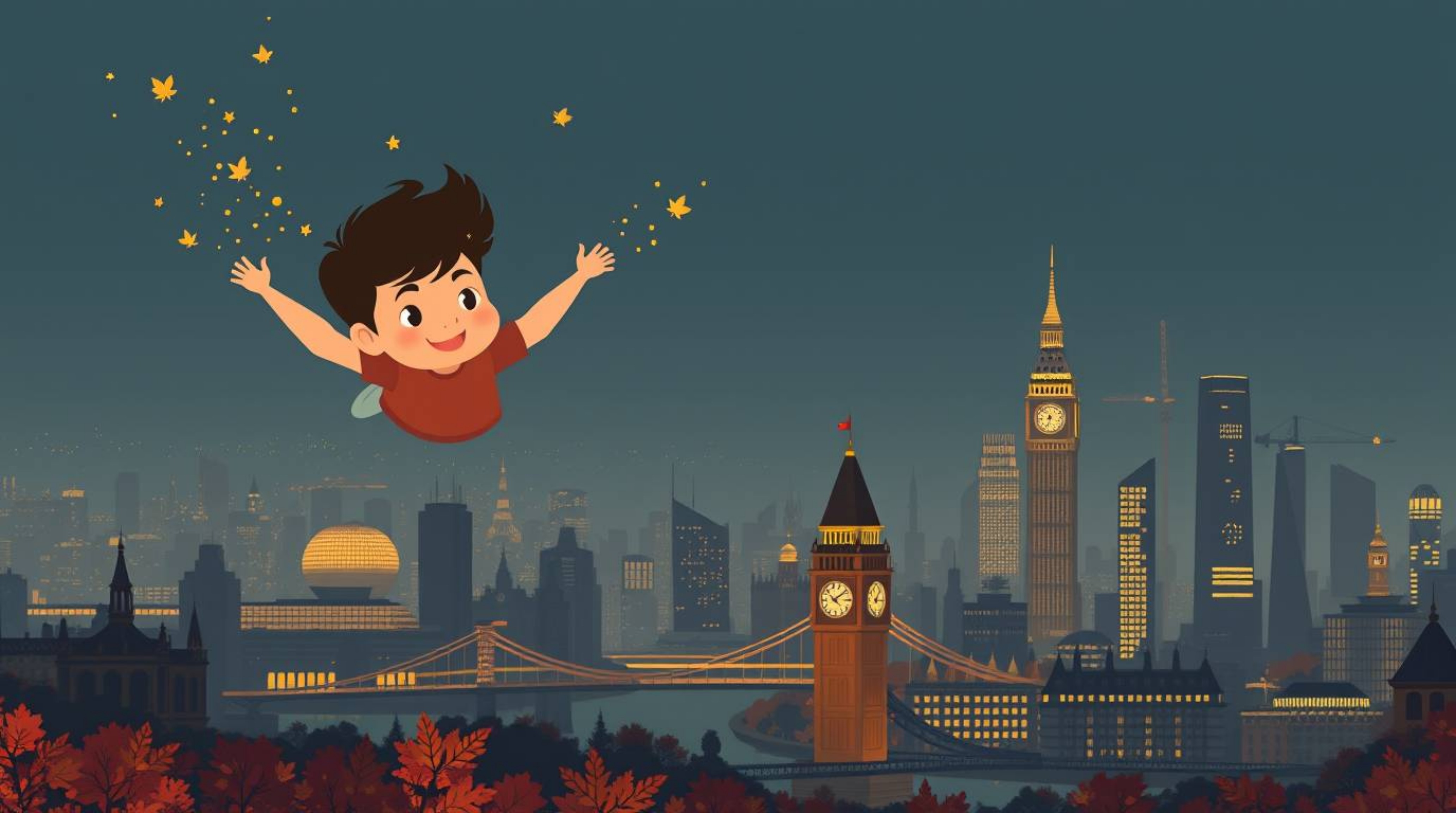 A captivating artwork depicting a young boy with light skin soaring above a stylized London skyline, propelled by magical pix