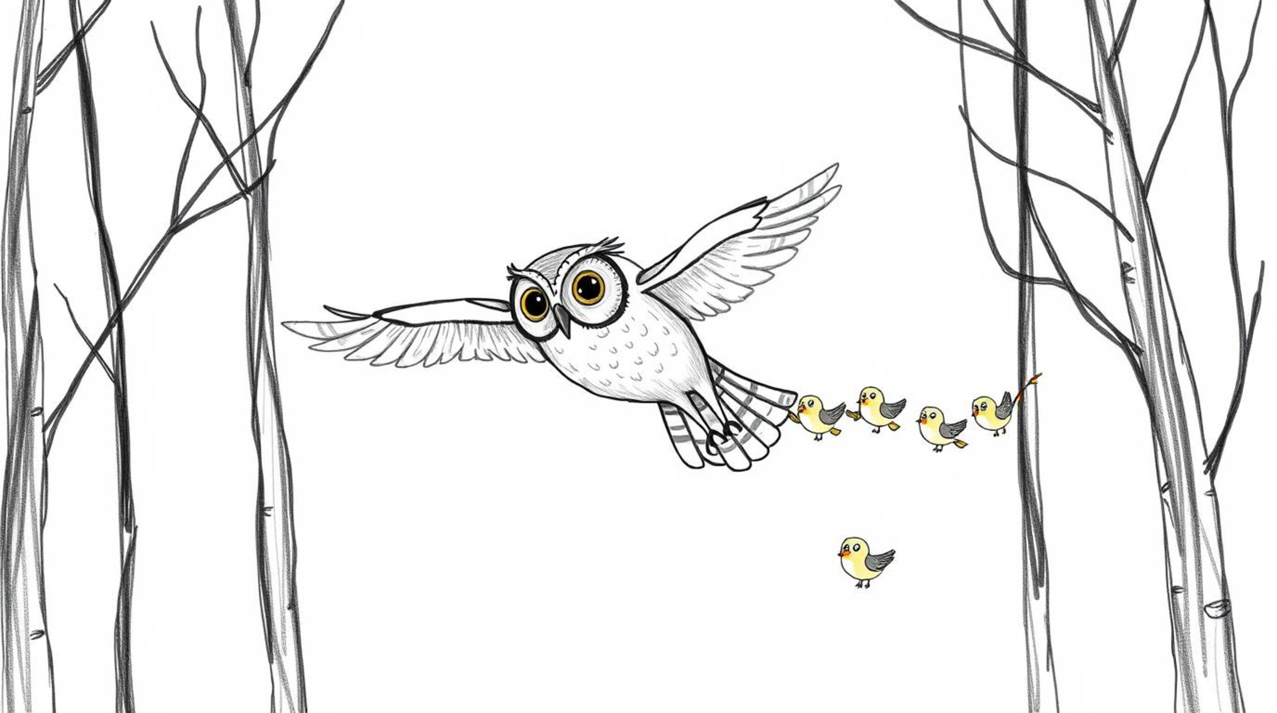 A heartwarming hand-drawn sketch depicts a blind owl gracefully gliding between trees in a Pixar-inspired style. Emphasizing