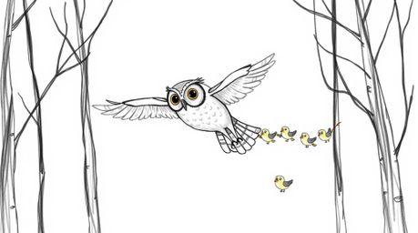 A heartwarming hand-drawn sketch depicts a blind owl gracefully gliding between trees in a Pixar-inspired style. Emphasizing 