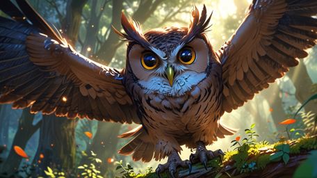 In a magical and enchanting scene, created in a beautiful blend of Pixar and anime styles, a wise blind owl is guiding young 