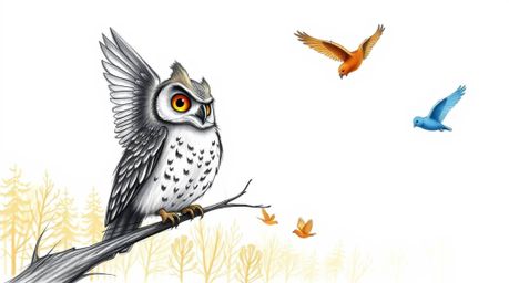 A heartwarming hand-drawn illustration in the style of Pixar depicts a blind owl, subtly detailed with textured pencil stroke