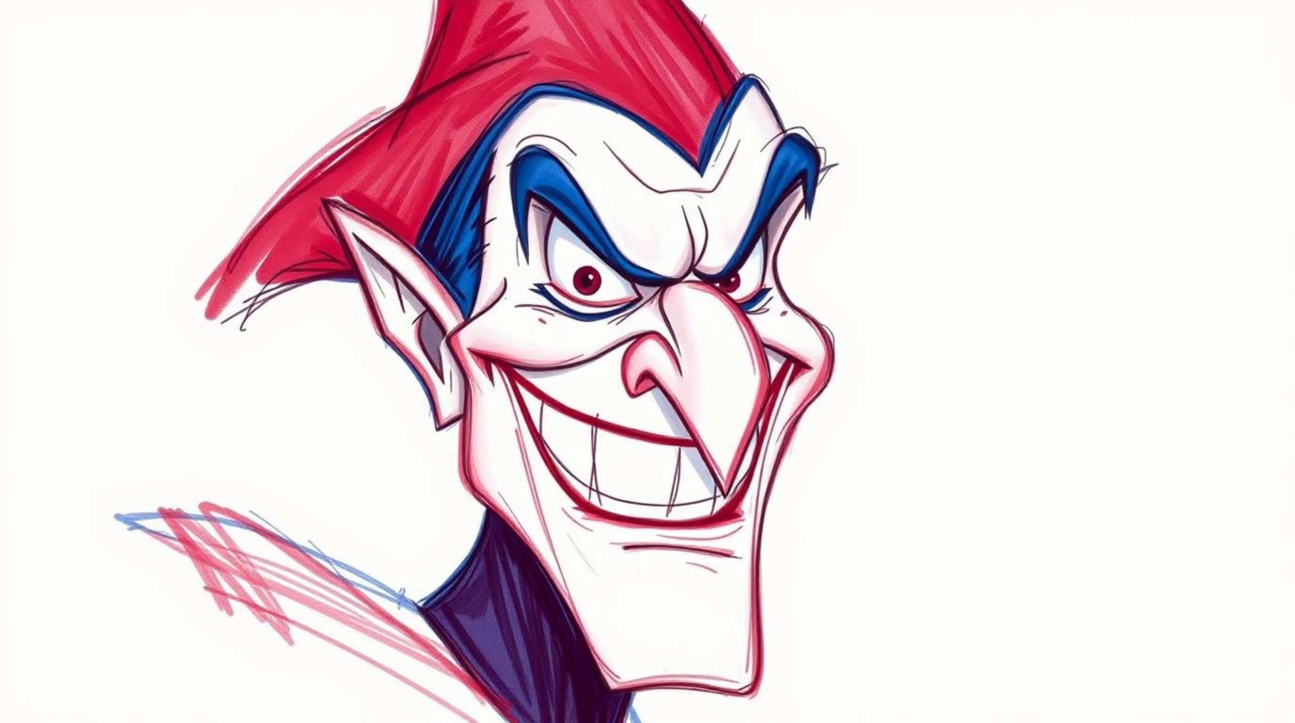A captivating depiction of a classic Disney villain, rendered in rich burgundy and deep blue hues. The hand-drawn style, char