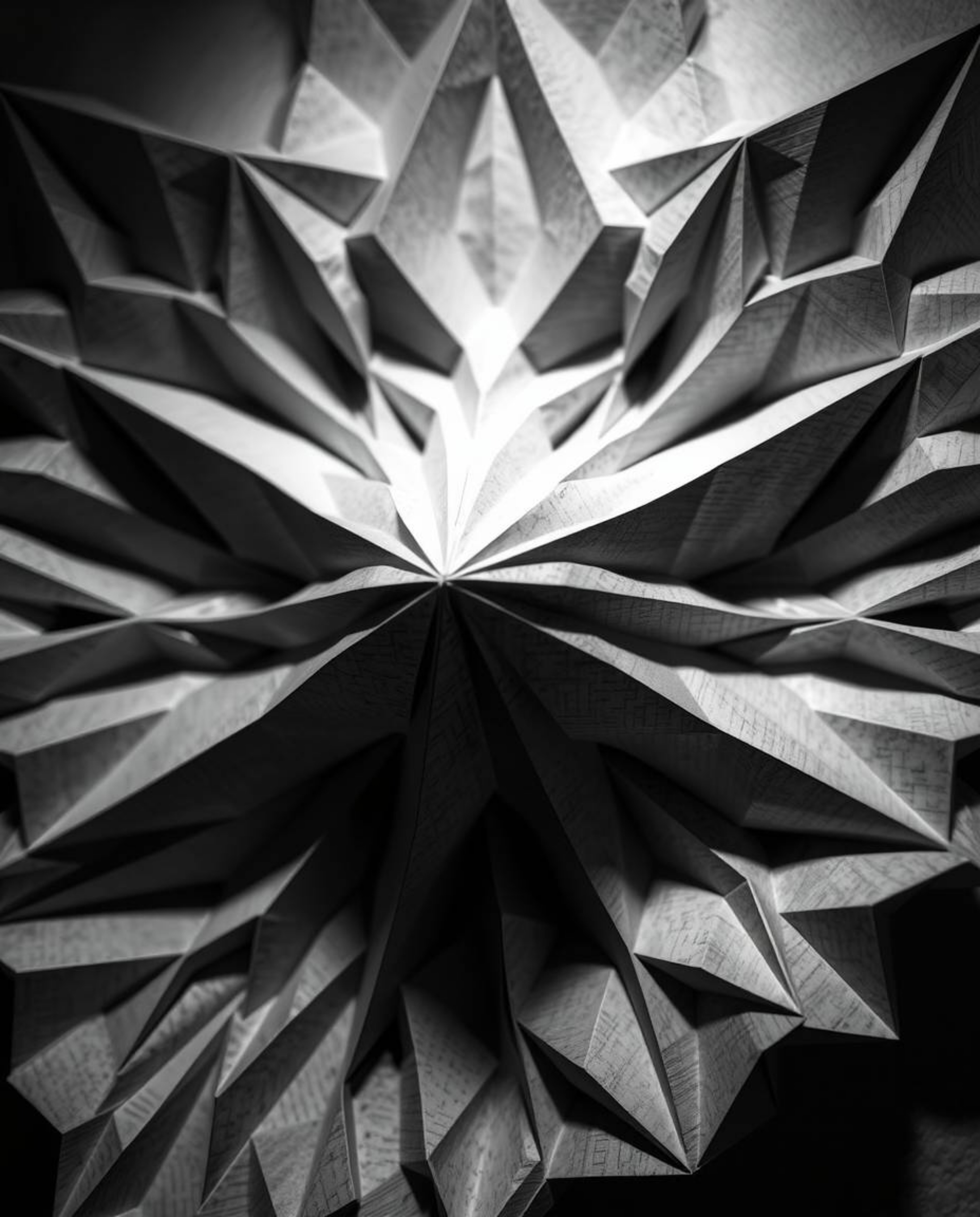 A captivating monochrome photograph showcases a 3D geometric pattern meticulously crafted from folded paper.  Intense dramati