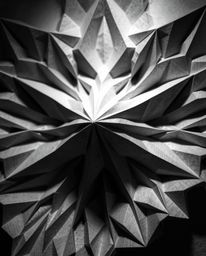 A captivating monochrome photograph showcases a 3D geometric pattern meticulously crafted from folded paper.  Intense dramati