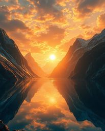 A digital painting of a grand, epic scene featuring a glassy fjord reflecting a warm golden sunset glow. This artwork embodie