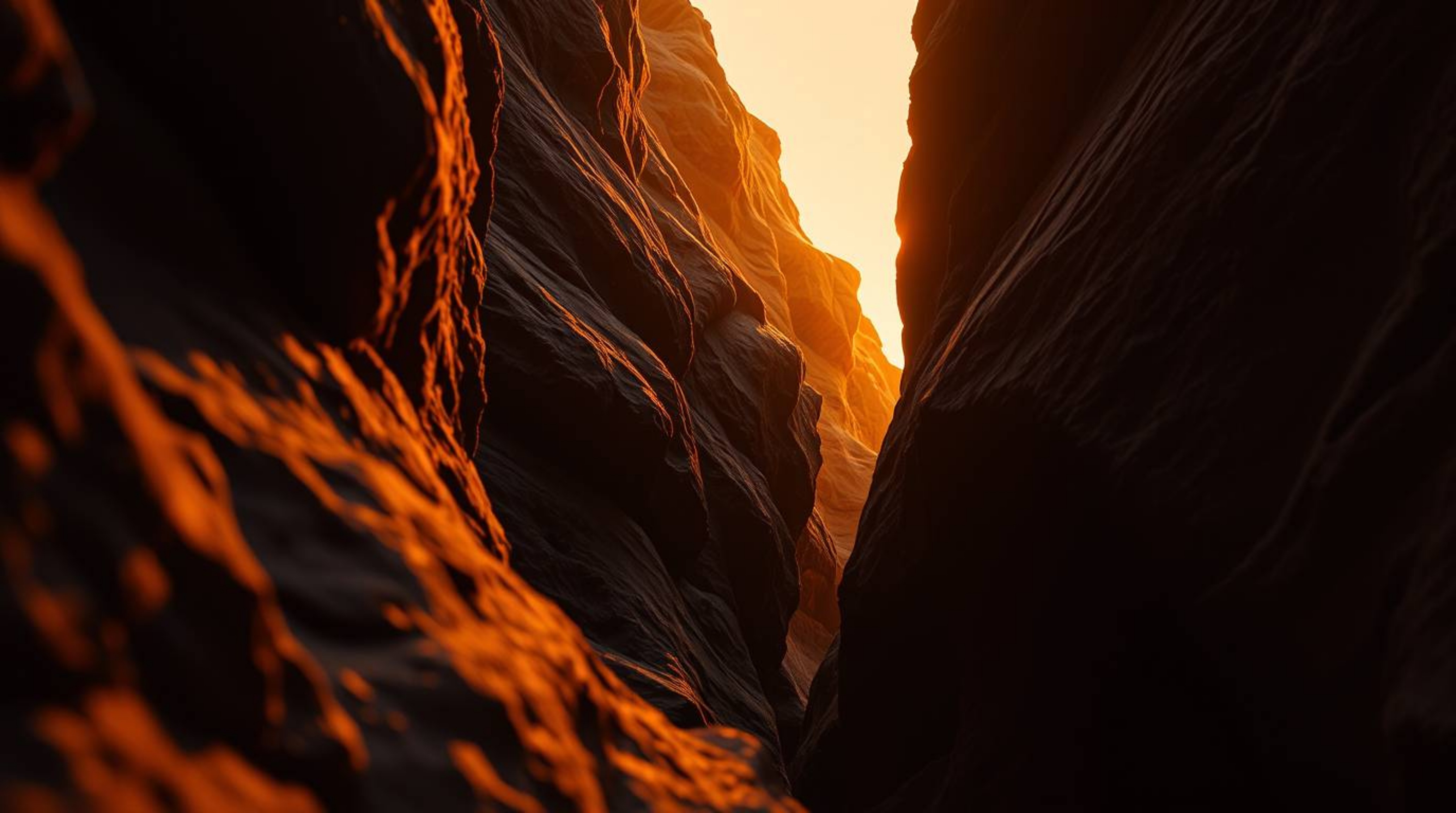 A captivating close-up showcases a rocky canyon dramatically illuminated by warm sunset hues.  The high-contrast image emphas