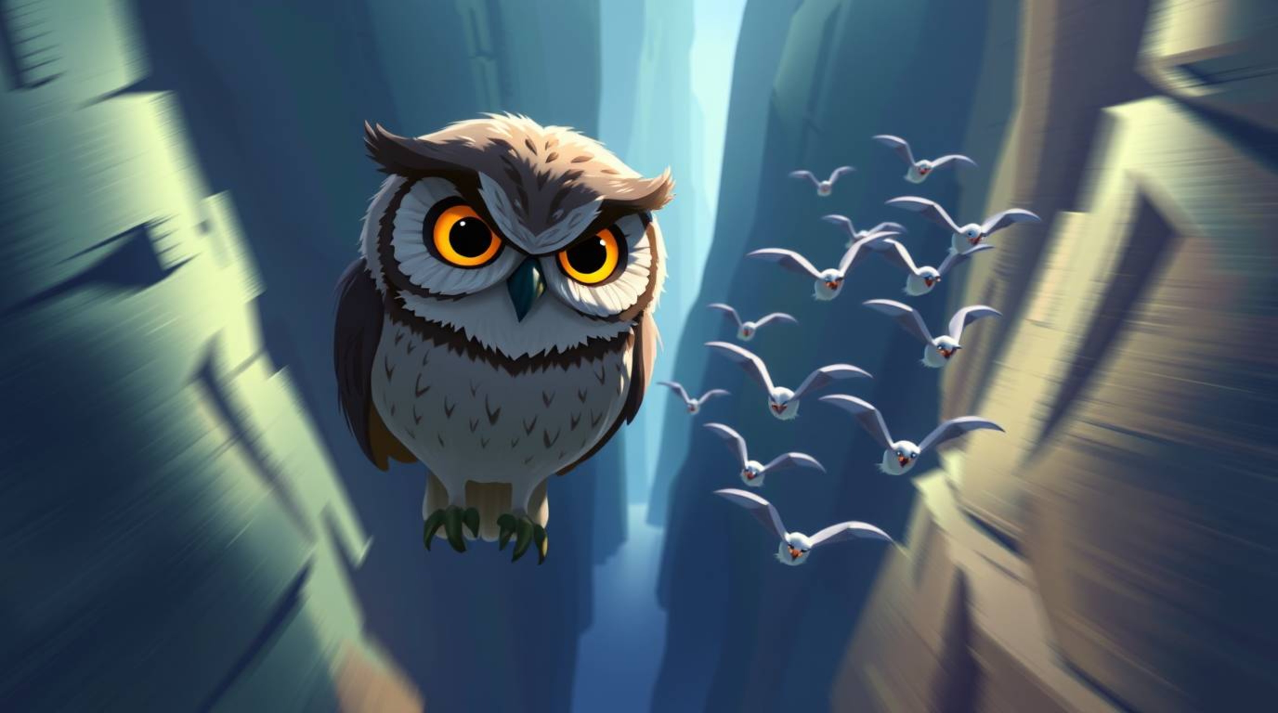 This is a stylized digital painting created with Pixar's distinct aesthetic. It showcases a blind owl, its expression calm an