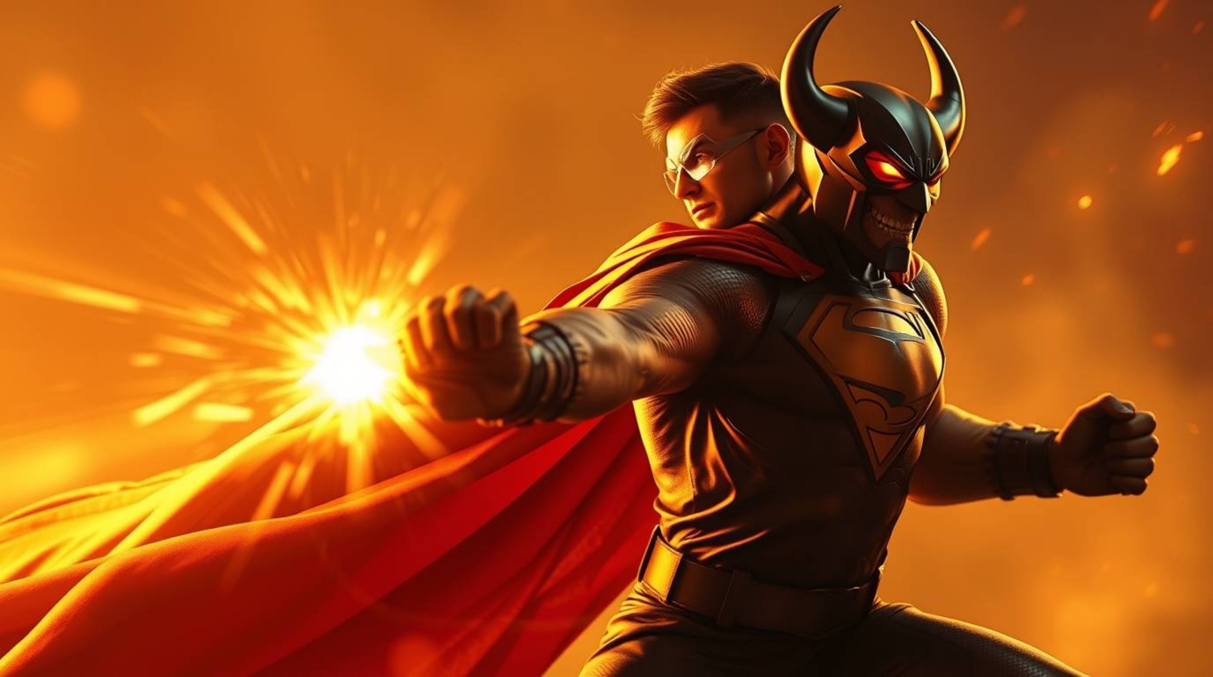 Witness a dynamic clash between a majestic superhero, adorned in a flowing cape, and a comically inept villain, all rendered 