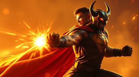 Witness a dynamic clash between a majestic superhero, adorned in a flowing cape, and a comically inept villain, all rendered 
