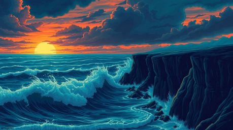 A dramatic illustration depicting intense teal hues and a stormy sunset sky.  Waves crash dramatically against towering cliff