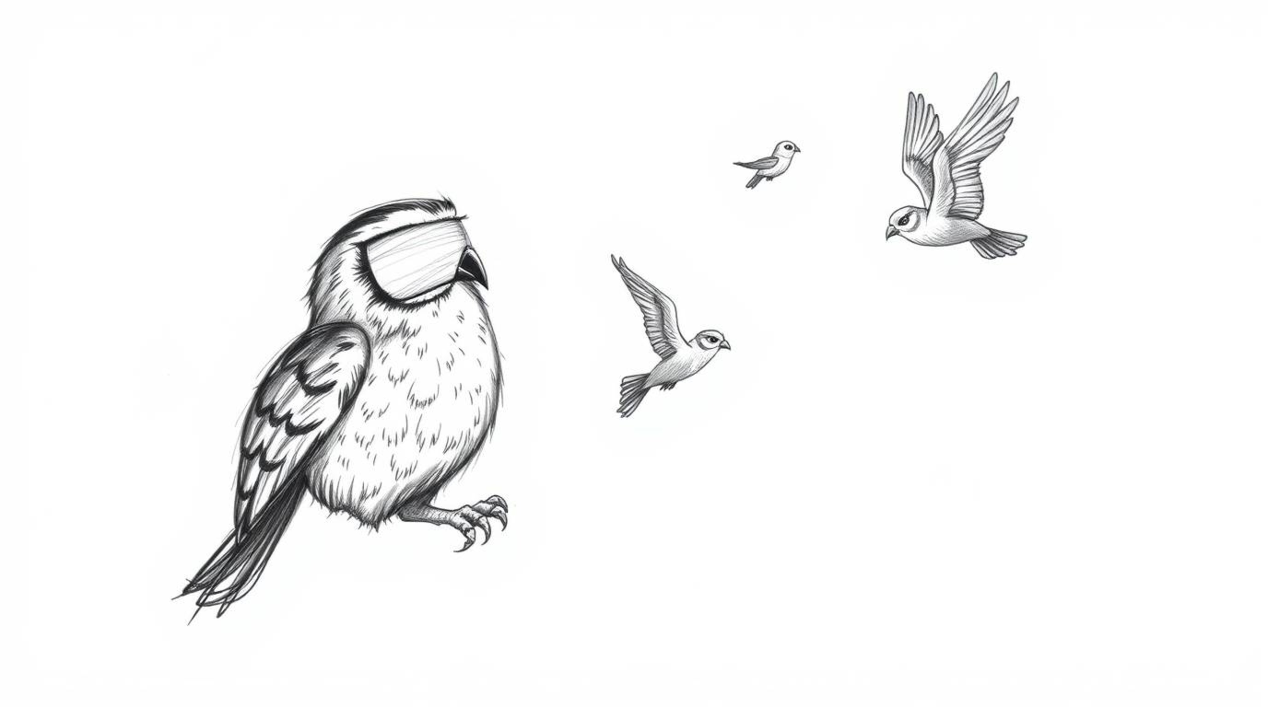 A captivating, high-contrast sketch depicting a blind owl in a Pixar-inspired style. The artwork features rough lines and tex
