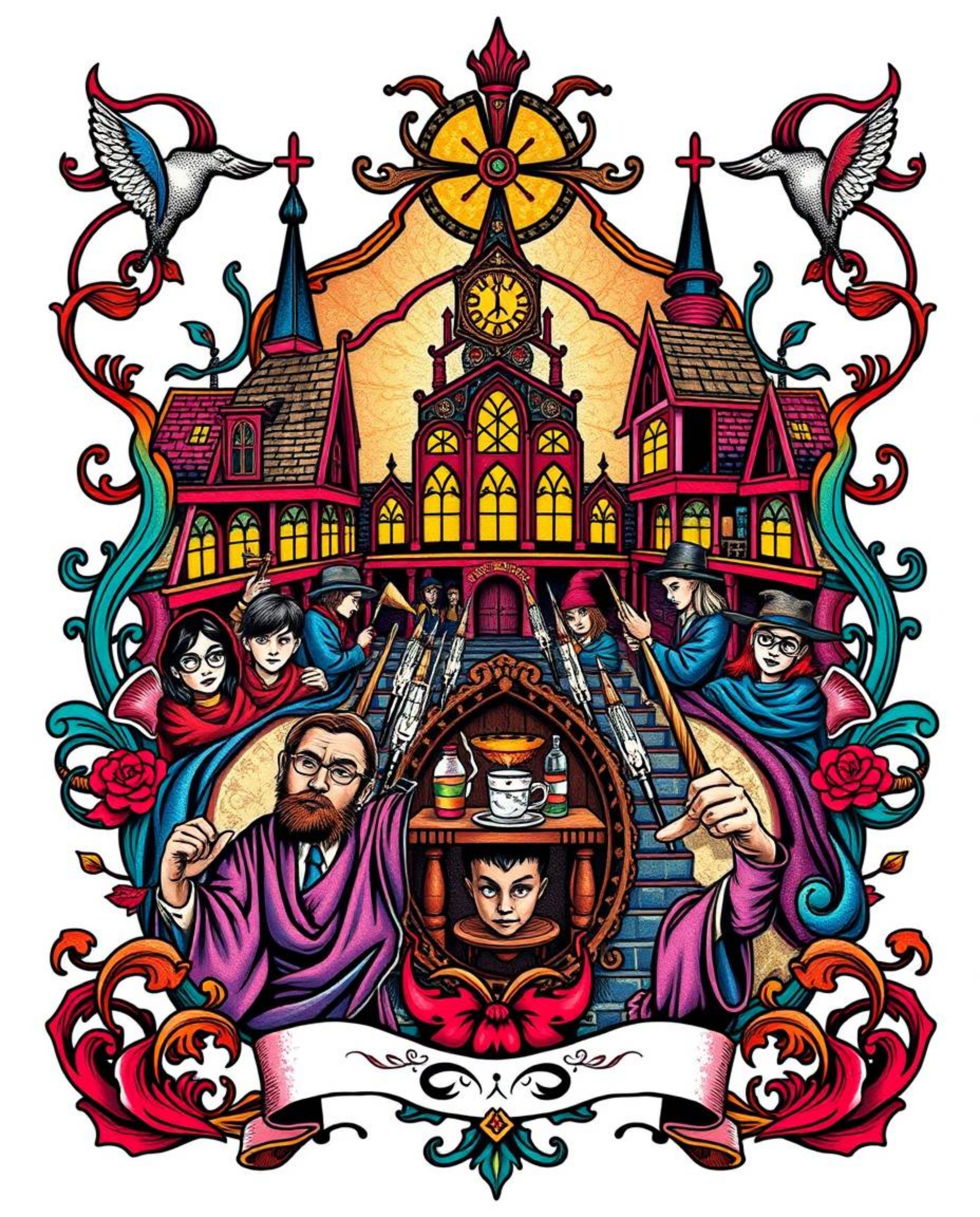 This symbolic traditional tattoo art print features a magical school brimming with young wizards. Vibrant colors and a retro 