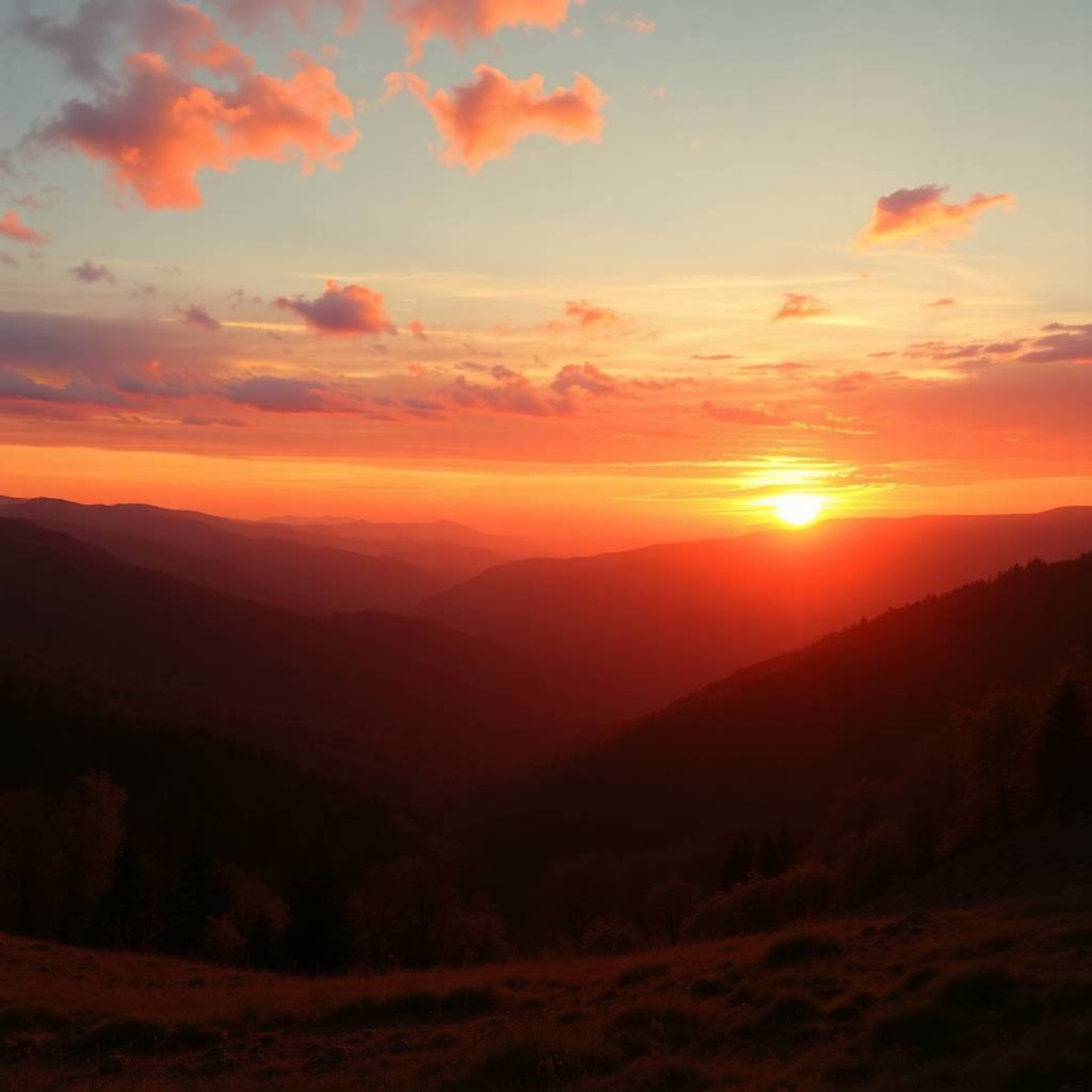 Experience a dreamlike and surreal sunset over a quiet mountain valley, bathed in the warm, golden hour light. The scene feat