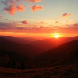 Experience a dreamlike and surreal sunset over a quiet mountain valley, bathed in the warm, golden hour light. The scene feat