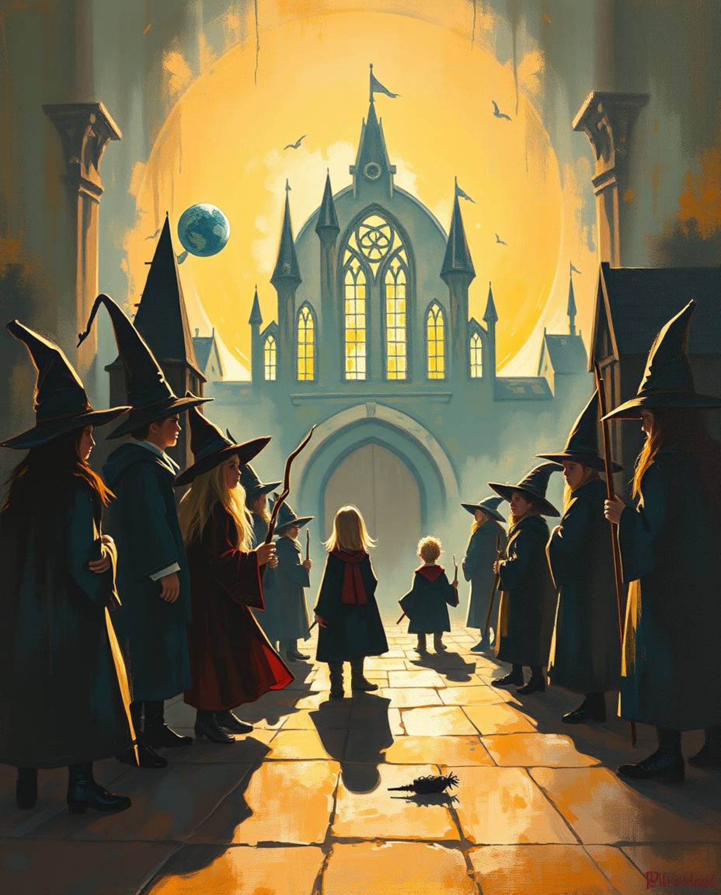This stunning acrylic painting depicts a magical school teeming with young wizards, silhouetted dramatically against a backli