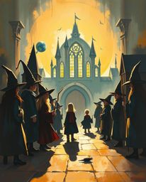 This stunning acrylic painting depicts a magical school teeming with young wizards, silhouetted dramatically against a backli
