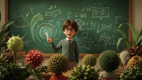 A highly detailed, high-resolution stock photo features a brilliant, bespectacled homeschooled genius, reminiscent of Pixar's