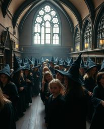 A professional, fine art photograph capturing the enchanting atmosphere of a magical school brimming with young wizards. The 