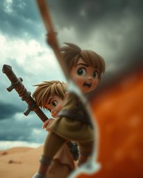 Experience a thrilling Disney-style desert adventure with a brave hero facing intense stormy skies. This extreme macro close-