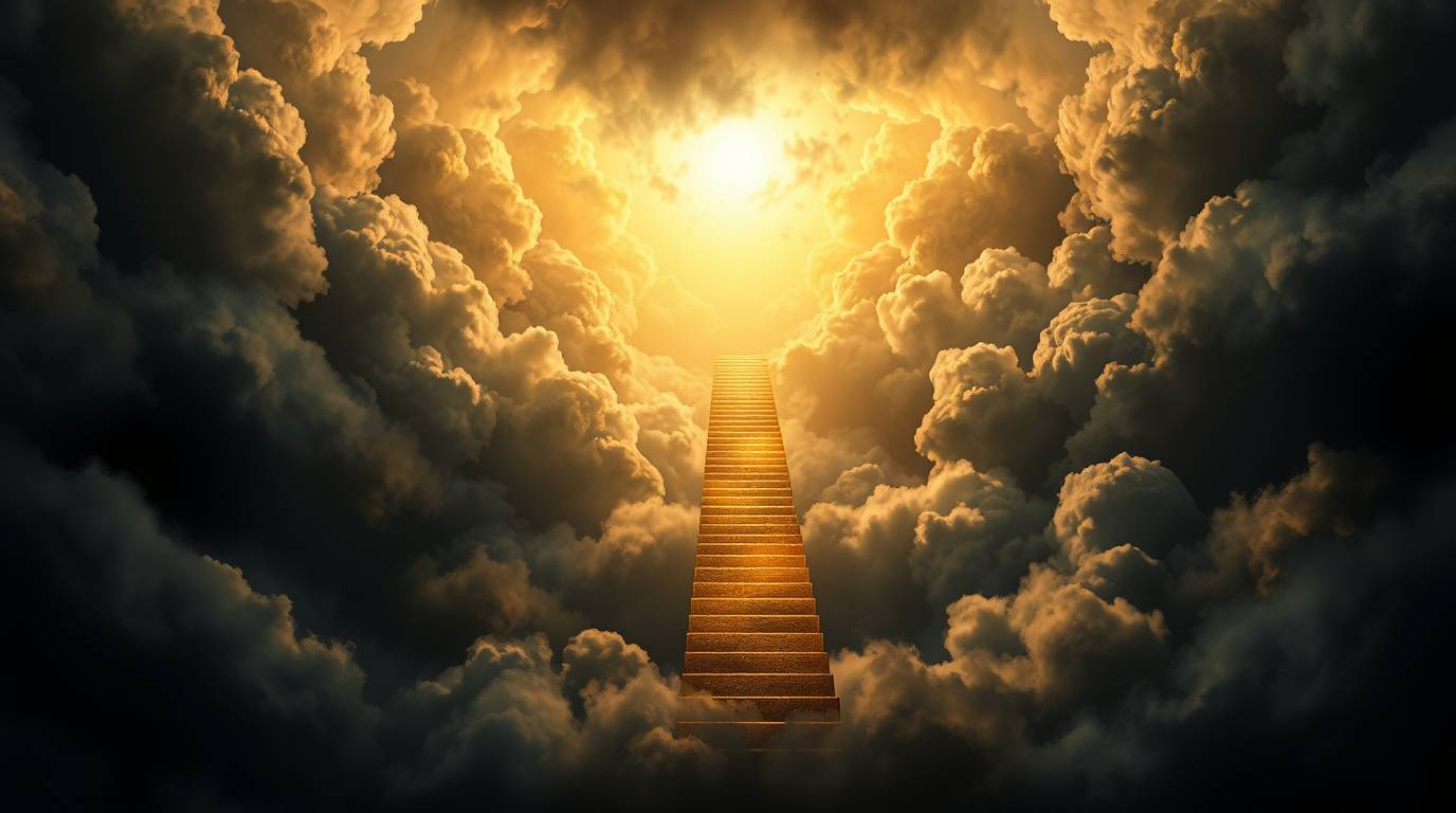 A digitally painted masterpiece depicts a golden staircase ascending through dramatic, stormy clouds towards a glowing heaven