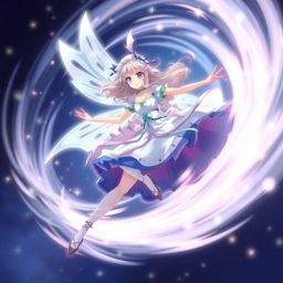 A dynamic anime-style fairy godmother bursts into motion, expressively posed within a swirling vortex of sparkles. The image