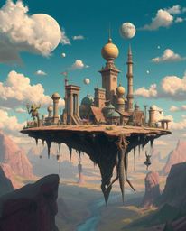 Explore a captivating digital painting of a surreal floating island, showcasing bizarre scenes and fantastical architecture. 