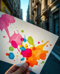 A captivating street photograph featuring gentle soft light illuminating colorful watercolor splashes blending on paper, crea