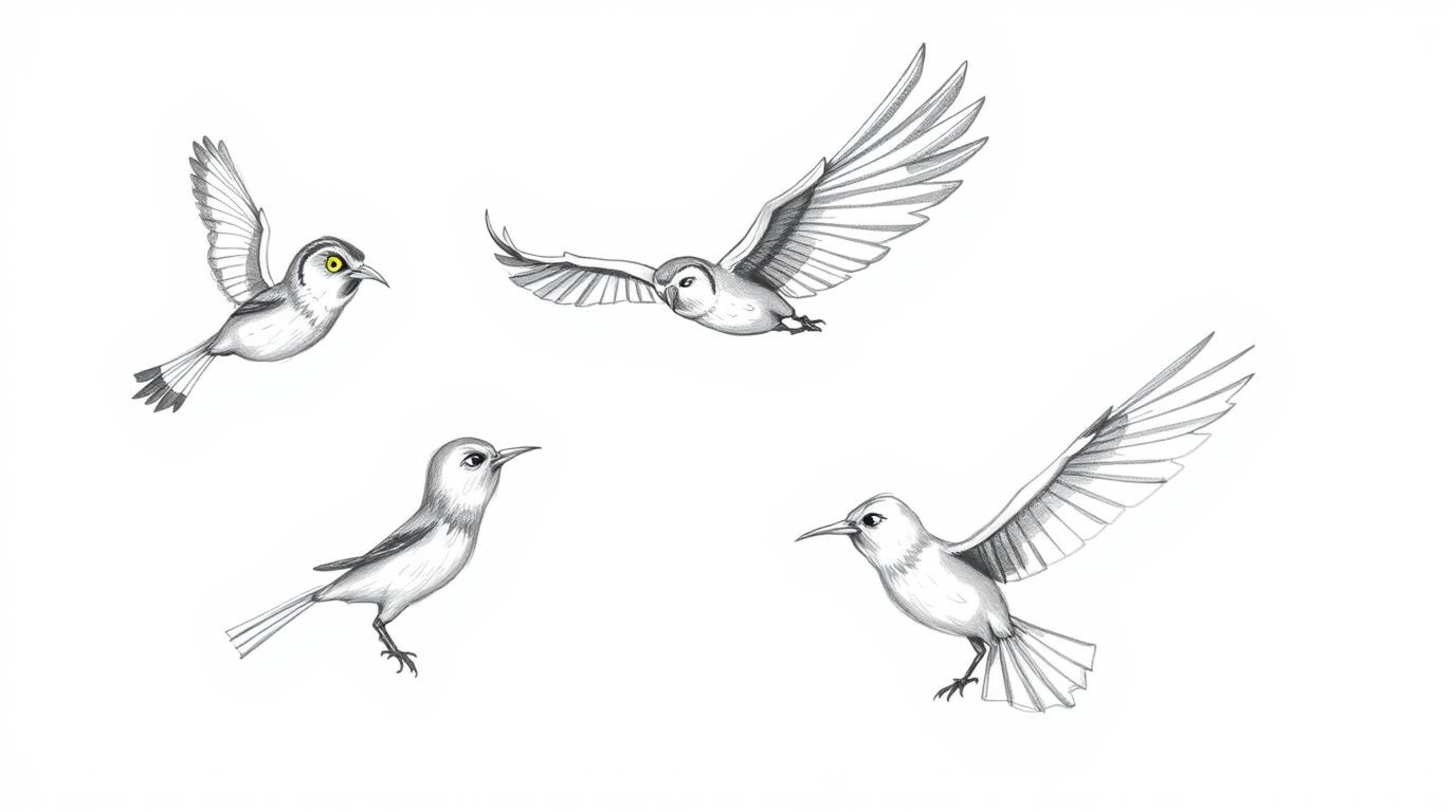 A heartwarming Pixar-inspired hand-drawn sketch depicts a blind owl, subtly shaded, guiding birds in the art of flight. The b