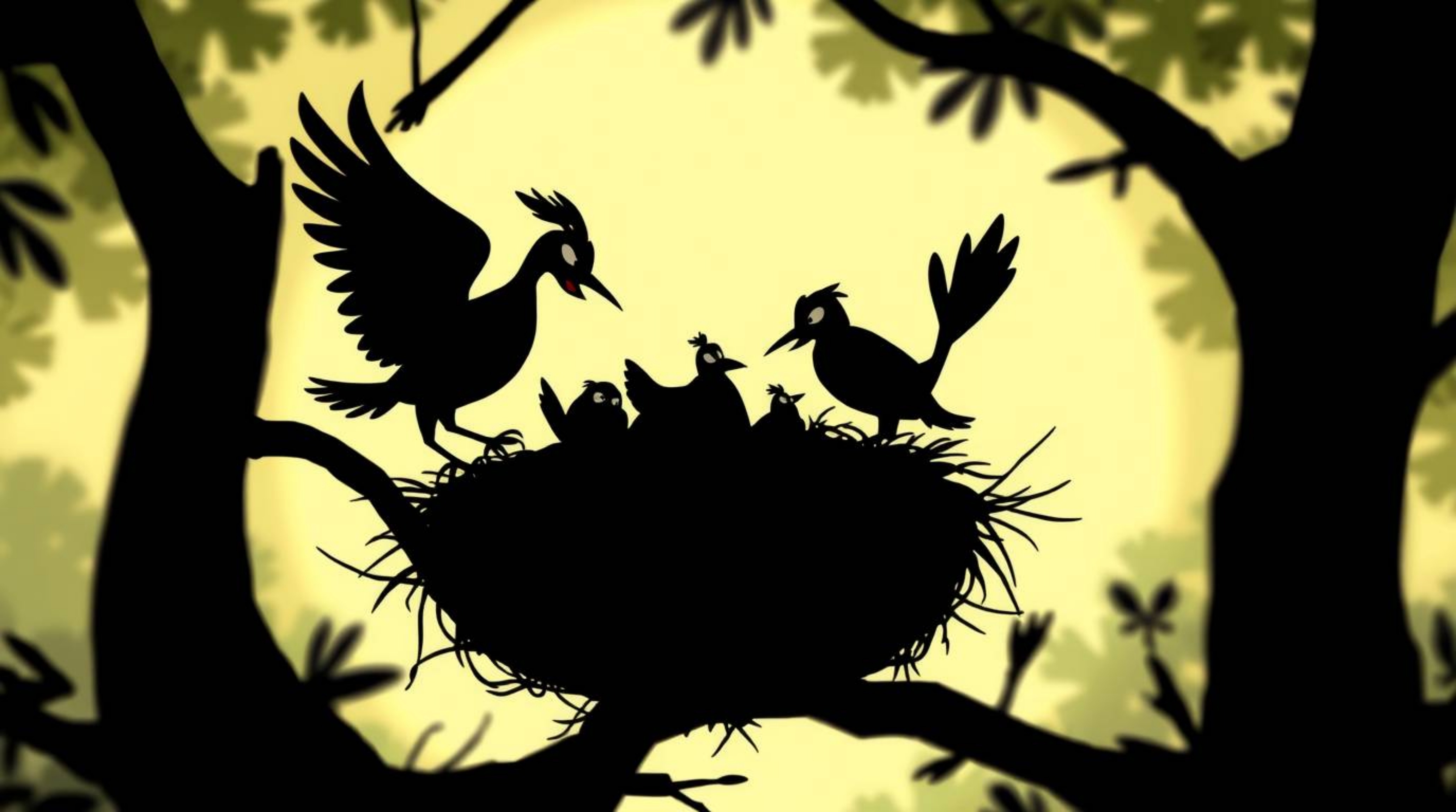 Silhouetted cartoon birds dynamically building a nest in a classic animation style with blurred motion lines and backlighting