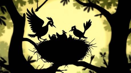 Silhouetted cartoon birds dynamically building a nest in a classic animation style with blurred motion lines and backlighting