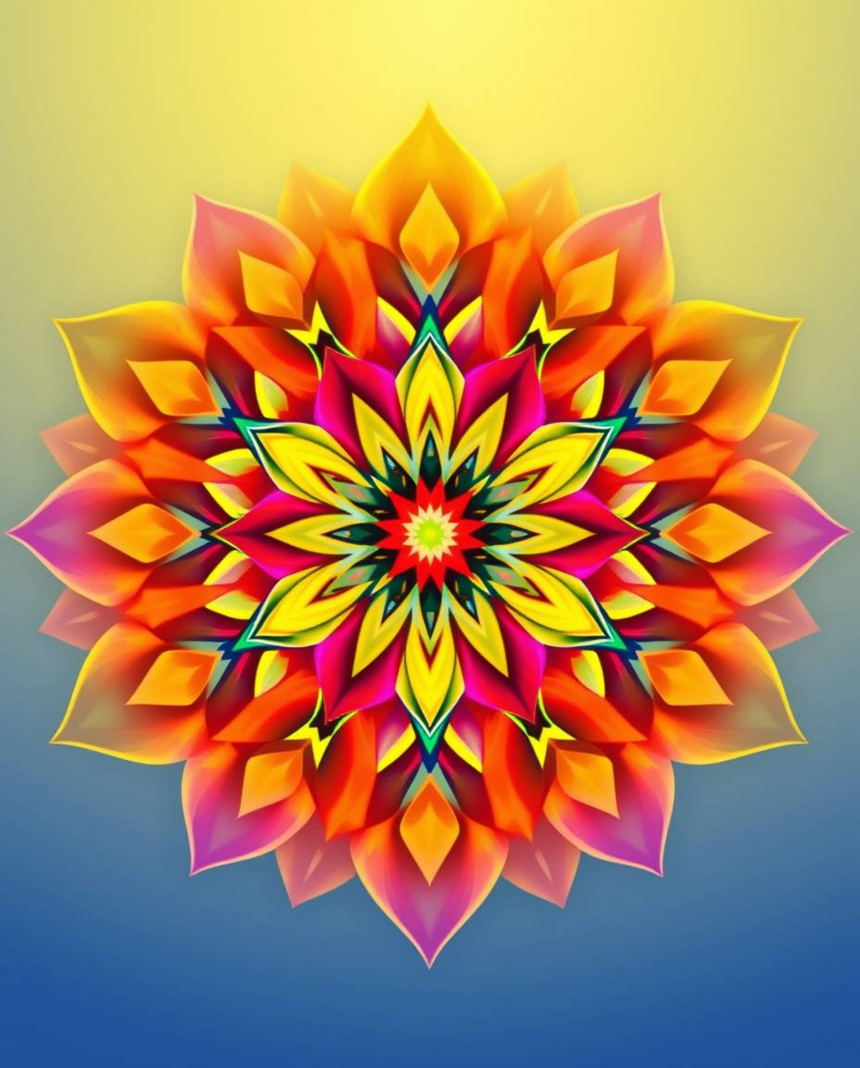 Discover a stunning geometric floral mandala with vibrant colors and a symmetric design.  The smooth gradient transition crea