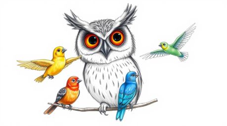 A heartwarming hand-drawn sketch in Pixar style depicts a blind owl with large, expressive eyes patiently teaching a flock of