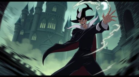 A dynamic Isekai anime style artwork depicting a classic Disney villain in the midst of casting a powerful spell within the c