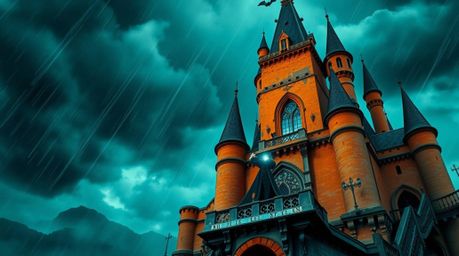 A captivating high-angle shot depicts a classic Disney villain performing a spell within the aged walls of a majestic castle.