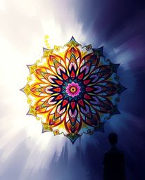 A captivating digital sketch showcasing a geometric floral mandala.  The artwork features vibrant, complementary colors, a sy