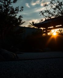 Strong moody style, tight close-up shot of a serene Zen garden at sunset, detailed focus, low contrast, emphasizing textures 