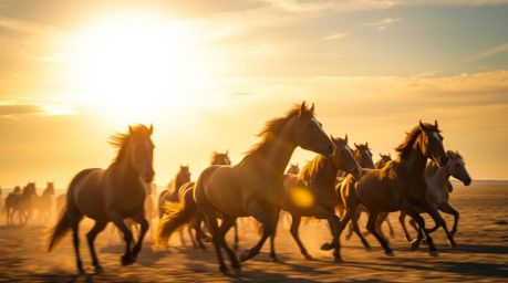 A stunning long-exposure photograph captures a herd of wild horses in full stride beneath a mesmerizing, glowing sky. The ima